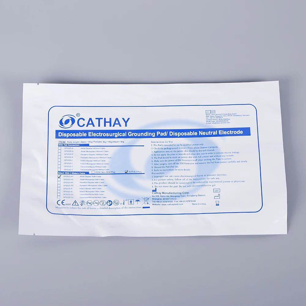 CATHAY Factory Customization Bipolar Surgical Instrument Adult Electrosurgical Grounding Pad with Cable