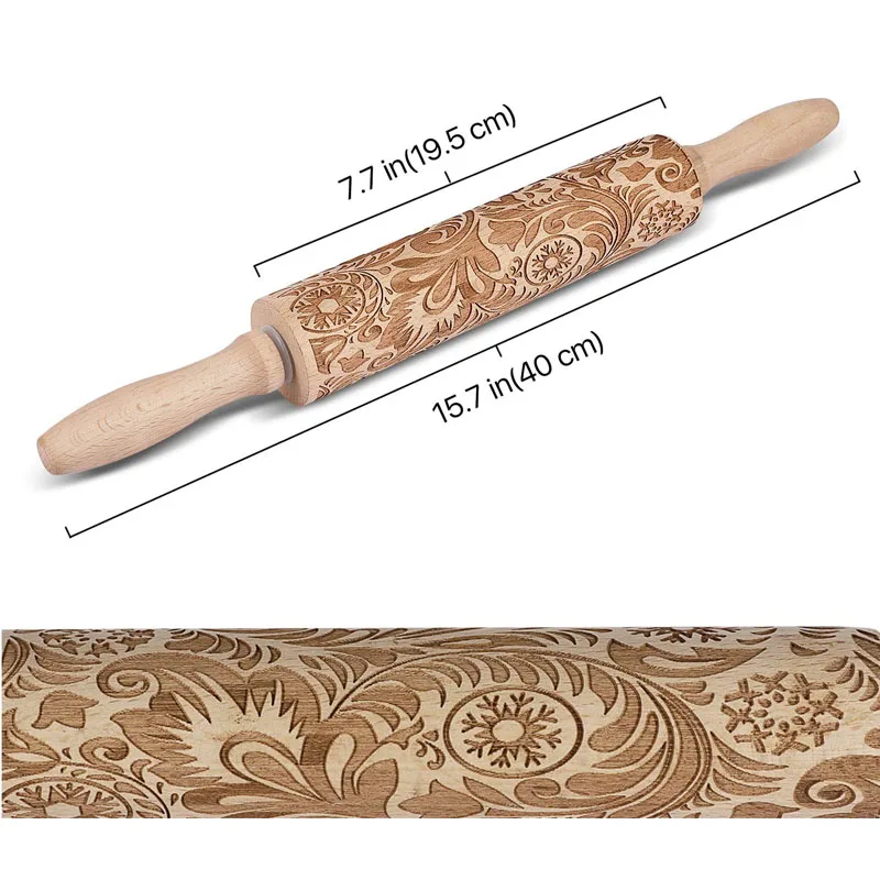 Wooden pastry embossing roller rolling pin with handle classic texture baking tool