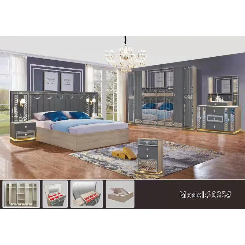 Factory Ready to Ship Home Furniture 6pcs Bedroom Set Bed Nightstand Wardrobe Dresser Chest of Drawer