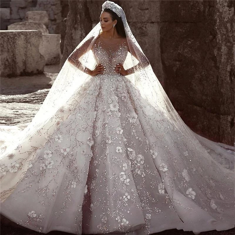 Luxurious Dubai Arabic New Fashion Lace Ball Gowns Wedding Dresses Long Sleeves 3D Flowers Beading Wedding Dress Bridal Gowns