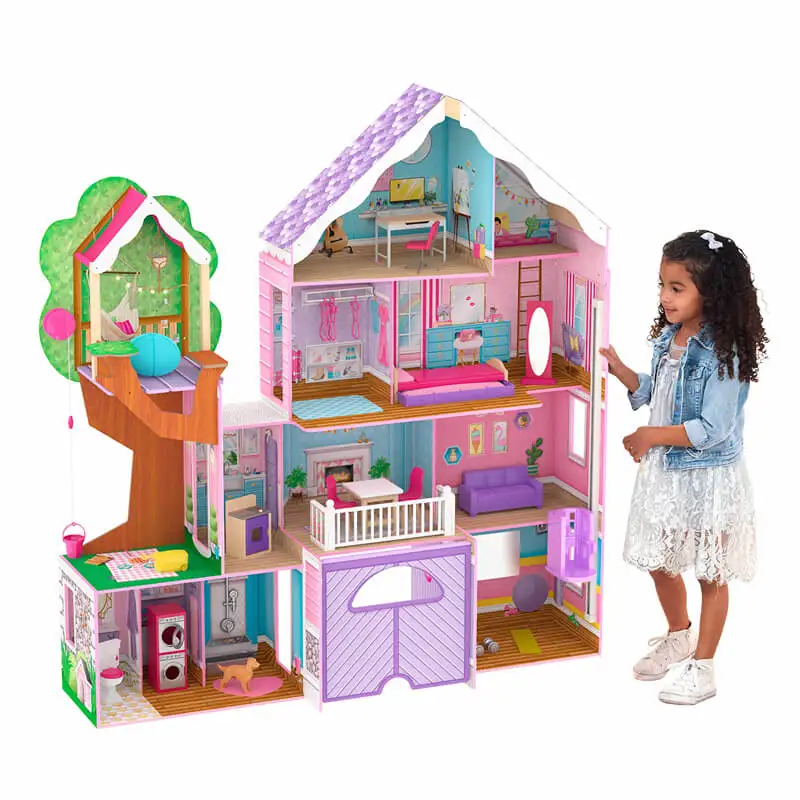 Luxury Wooden Kids Dollhouse with 34-Piece Accessories, Working Elevator and Garage, Easy Assembly , Role Play Gift for Ages 3+