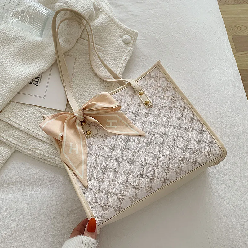 2024 Summer Bohemian Style Handheld Tote Bag Women High Large Capacity Ribbon Shoulder Bag New Fashion Lichee Pattern Polyester