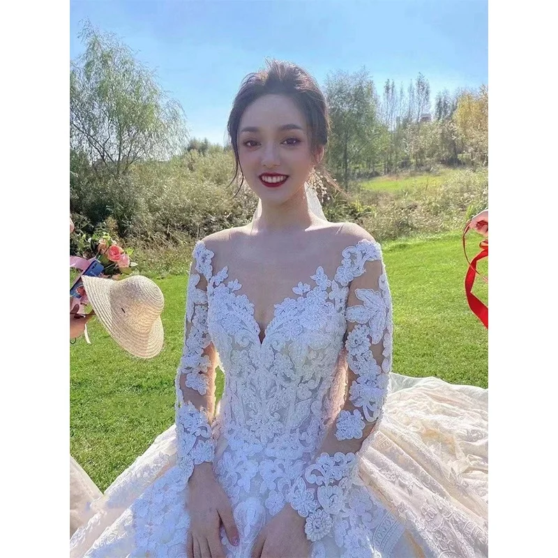 Luxury Long Sleeve Ball V Neck Heavy Applique Crystal Beading Dress Cathedral Train Gown 2020 Wedding Dresses Turkey