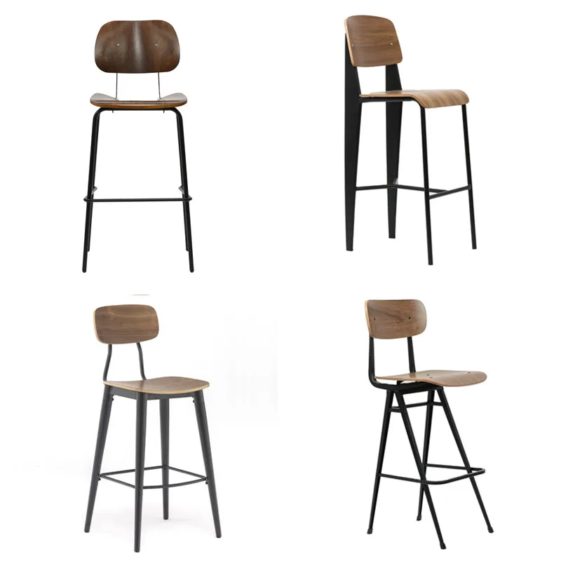 Dark Brown Walnut Veneer Plywood Bar Stools Metal And Wooden Bar Stool Chairs
