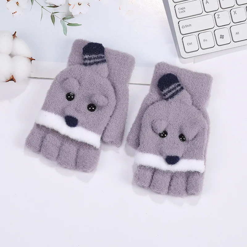 Hot Sale Girl Thicken Warm Mittens Cute Animal Soft Winter Knitted Half Gloves With Flip Style