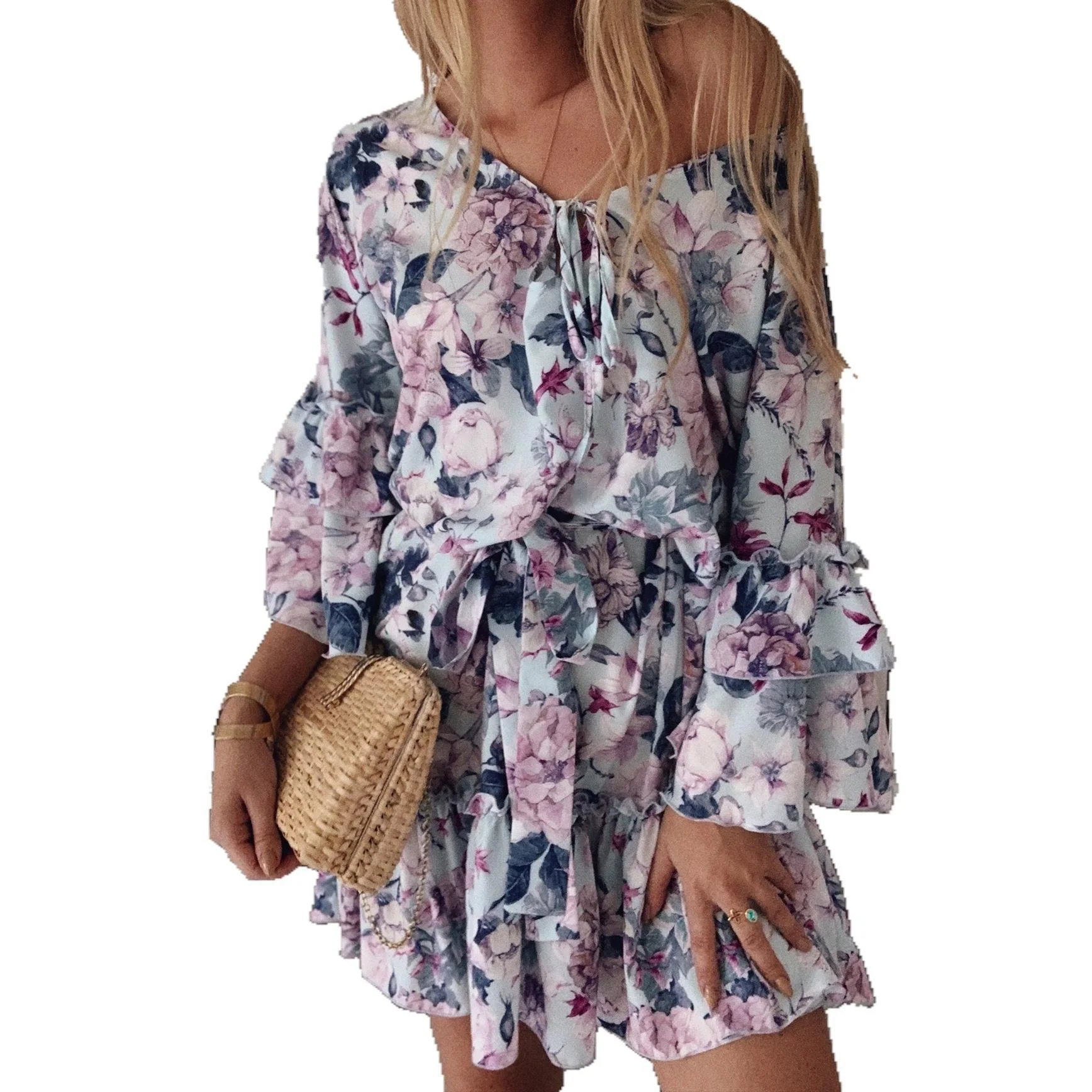 
2021 Summer Sexy Print Flared Sleeves Off-Shoulder Fitted Mini Women Chiffon Dress 