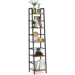 5 Tier Industrial Bookshelf Rustic Wood Bookcase Metal Tall Bookshelf Living Room Storage Rack