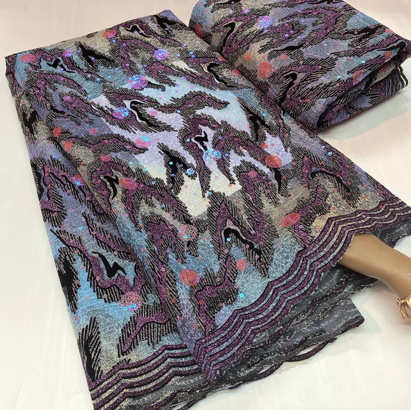Latest African Velvet Sequined Lace Fabric 2021 High Quality Embroidery Nigerian French Mesh Lace Fabric For Wedding Sew OK6062