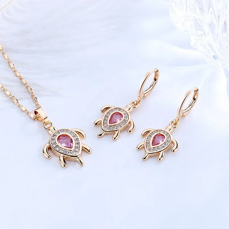 Hot Selling 18 Carat Gold Plated 3 Piece Jewelry Set Cubic Zirconias Cz Turtle Pendant Necklace  For Women Jewellery Sets