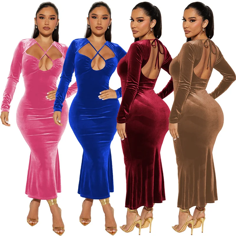 fall luxury elegant women velvet velour criss-cross neck long sleeves trumpet mermaid maxi long evening party dress for women