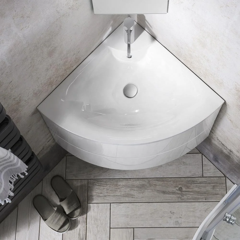 White Wall Mounted Curved Front Corner Bathroom Vanity With Drawers