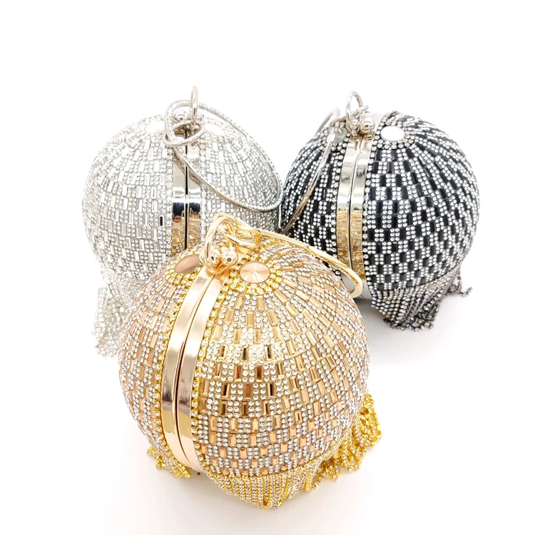 Newest Woman Gold Glitter Women Tassel Party Silver Purse Diamond Handbags Wedding Luxury Round Ball Ladies Evening Bag