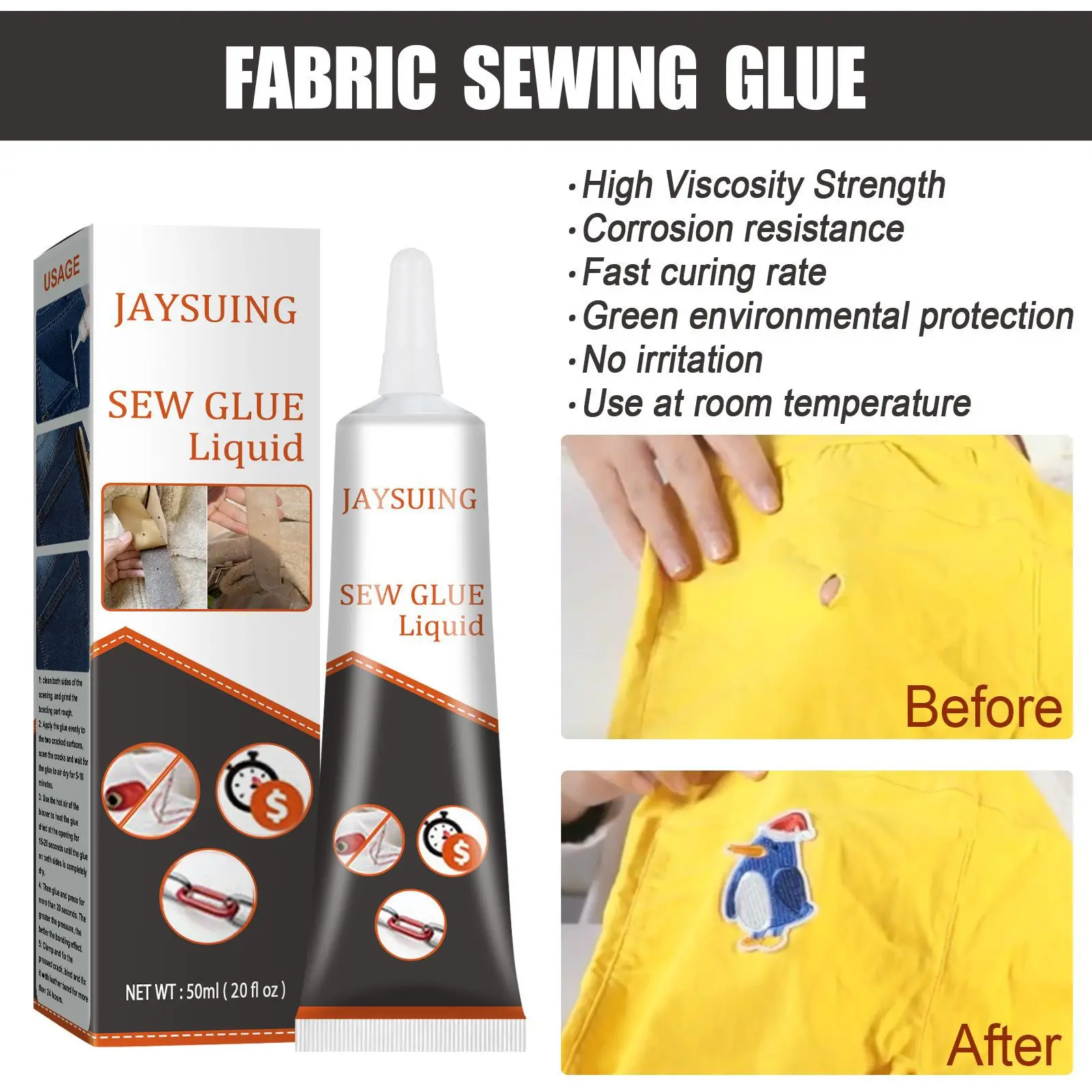 Jaysuing 50ML Waterproof Fabric Glue Effective Nylon Fabric Glue Easy To Use Adhesive Glue For Fabric