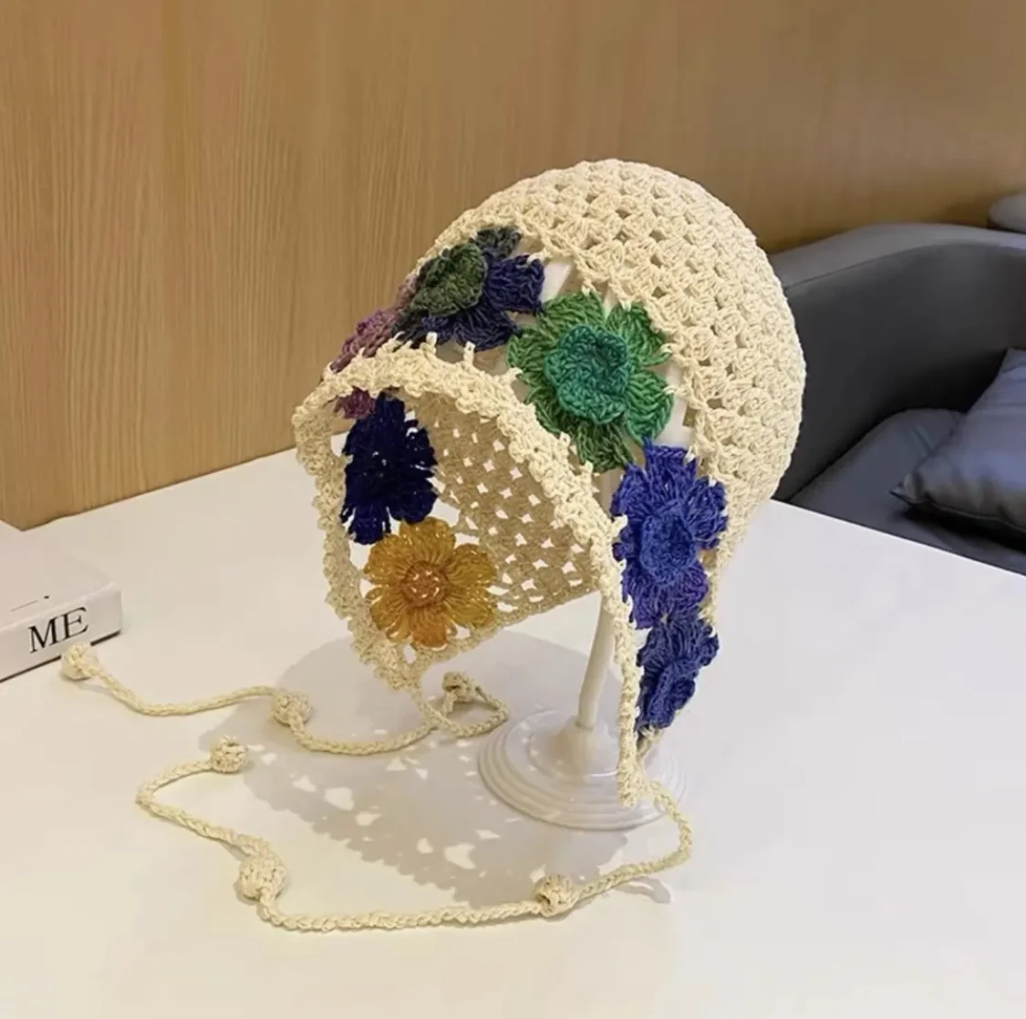 Fashionable Handmade Cotton Knitted Flower Hats Women Beanie Crochet Floral Net Mesh Rasta Hat