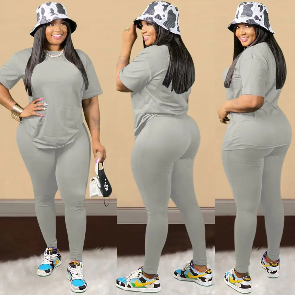 
Hot Selling Solid Color Cotton Two Piece Sets For Mature Female Lounge Wear Sets Round Neck Short Sleeve Women Sets 2020 