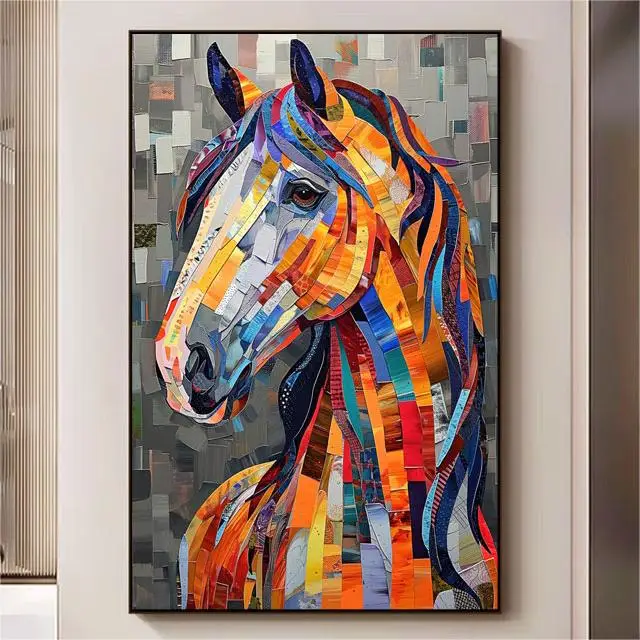 3D Colorful Horse Abstract Minimalist Oil print Painting on Canvas Custom Living Room Wall art Decor Animal Paintings texture