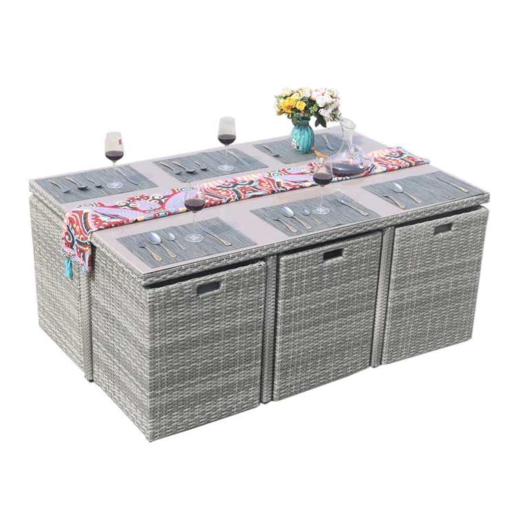 7 Pcs Set Outdoor Furniture Rectangle Table And Chairs Garden Classic Rattan Chair Outdoor Garden Dining Table And Chair Sets