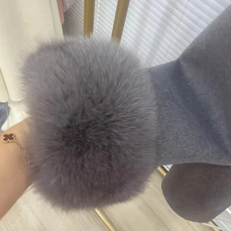 Plus Size Women Oversized Wool Coat With Real Fox Fur Cuff Long Sleeve Loose Wool blended Jacket With Belt Female Outwear