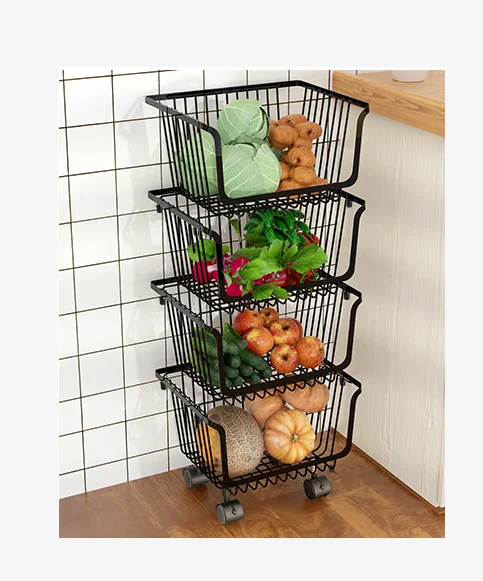 3 Tier Stackable Wire Storage Baskets Fruit Storage Cart with Wheels Tier Vegetable Basket Bins Rack for Kitchen Bathroom Basket