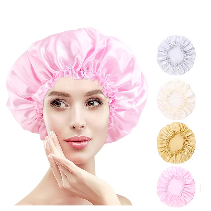 New Women Satin Extra Large Girl Shower Cap Waterproof Elastic Reusable Large Size Shower Hair Cap Shower Bath Hat
