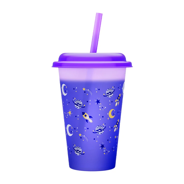 Customization OEM ODM Kids Cartoon Silk Screen Color Changing PP Plastic Cups With Lids And Straws