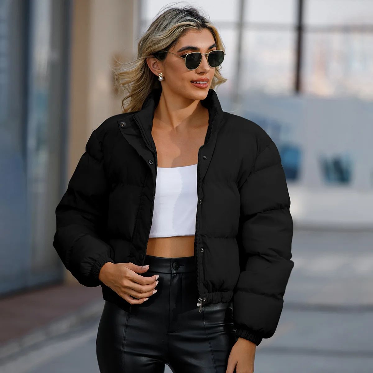 Button Cropped Puffer Jacket Adjustable Bottom Women Bubble Coat Leisure Short Cotton Padded Jacket