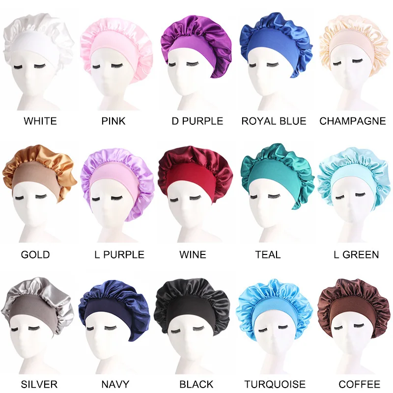 Custom Logo Plain Night Wide Edge Silky Sleep Cap Women Hair Silk En Satin Bonnets With Elastic Band