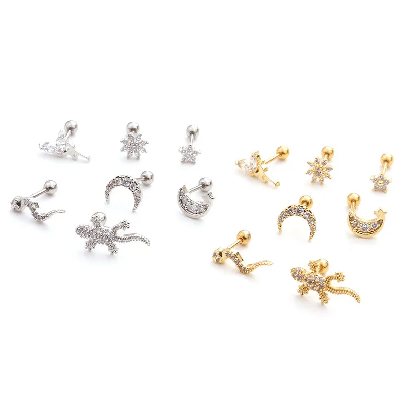 18K Gold Plated Stainless Steel Cubic Zirconia Single Ear Cartilage Stud Helix Piercing Earrings Stud