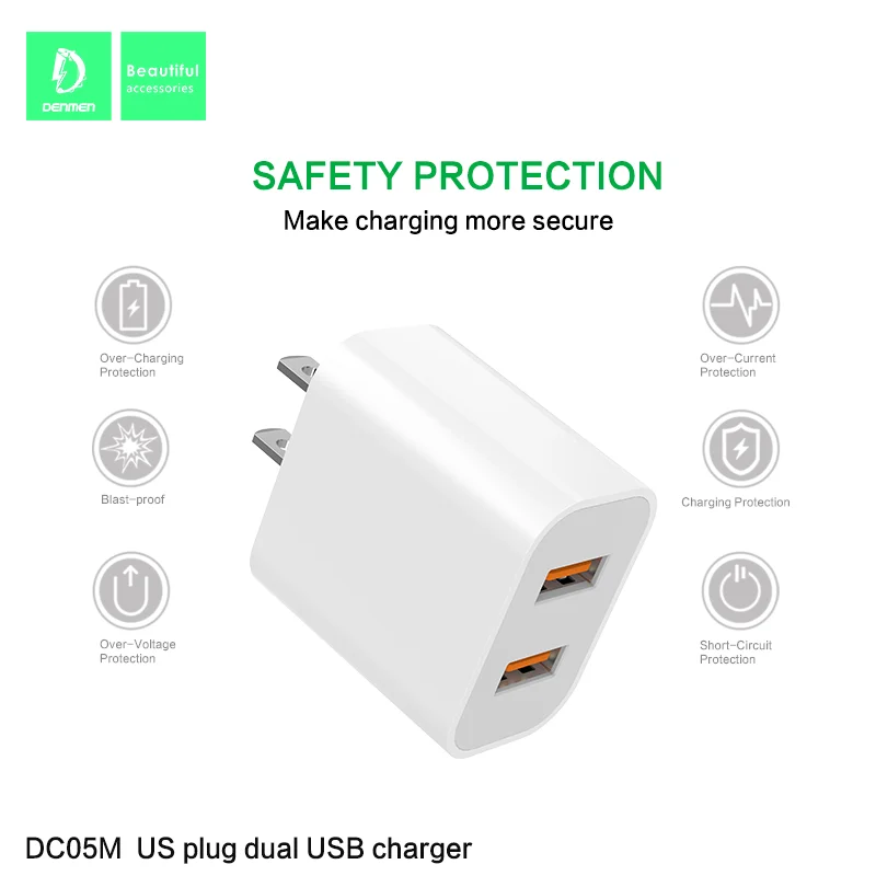 DENMEN 12W Dual USB Wall  Phone Charger Adapter 2.4A US plug Travel Charger for iphone for ipad for samsung for xiaomi