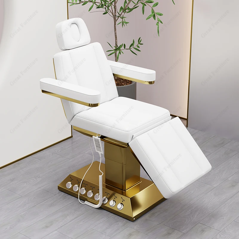 Luxury White PU Leather Electric Massage Table Gold Stainless Steel Base Massage Facial Beauty Spa Bed With 4 Motors