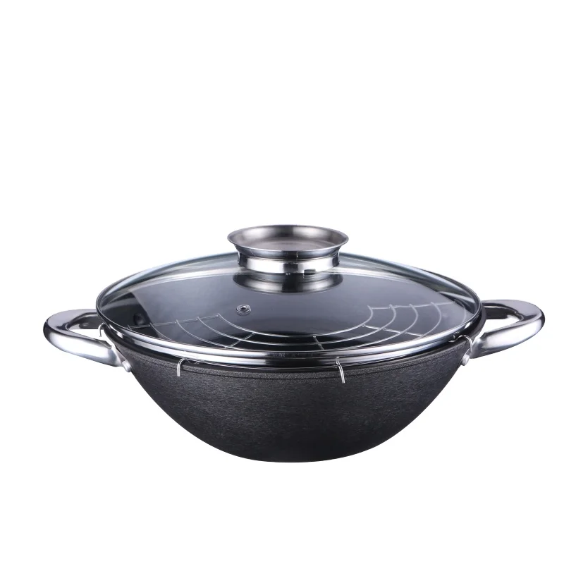 Non-stick Shallow Casserole Cast Iron Russia Wok With Glass Lid