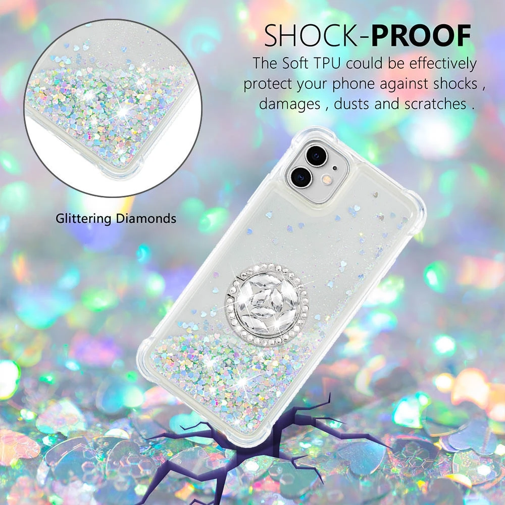 Luxury Glitter Case for iPhone 14 13 Pro Mini Floating Liquid Bling Sparkle Luxury Quick Sand Cover For Girl With Ring Holder