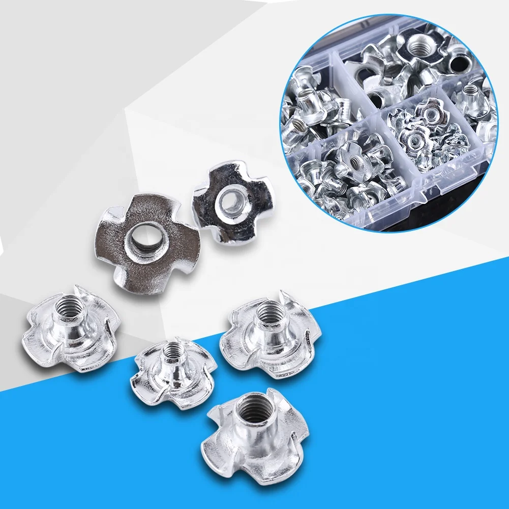 90pcs Carbon Steel M3/M4/M5/M6/M8 Four Pronged T Nuts Blind Inserts Nut for Wood Furniture