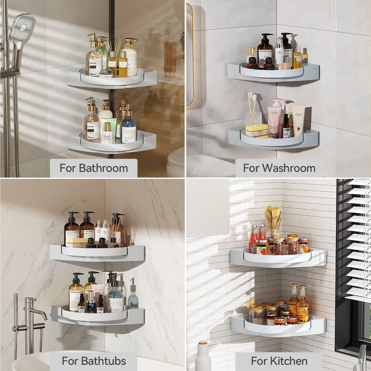 No Drilling Corner Storage Rack Organize Wall Mounted Bathroom 360 Degree Rotating Shelf