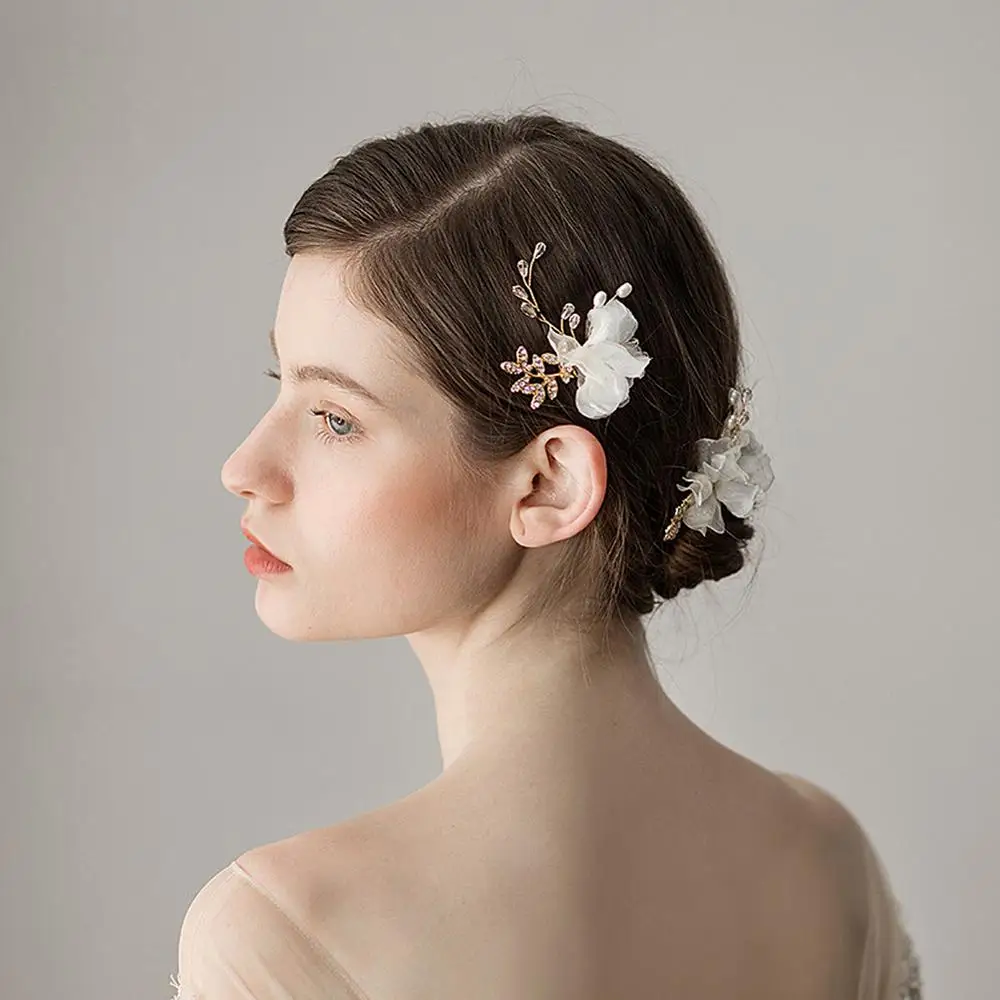 2021 New Flowers bride headdress Exquisite and beautiful chiffon flower Pearl bridal hair fork Wedding