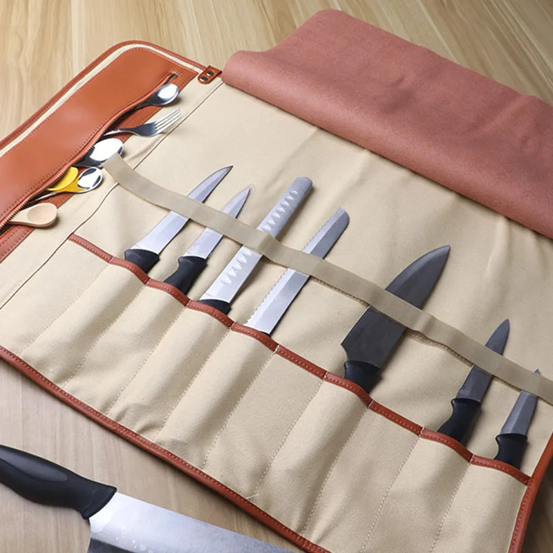 Portable Cooking Knife Roll-Double Layer Bag Leather Pouch Bag Pocket Knife Multi Tool Pouch With Adjustable Shoulder Strap
