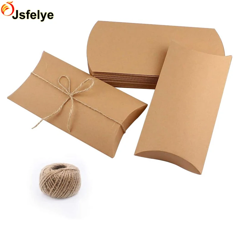 Kraft Pillow Gift Boxes with Jute Twines for Jewelry Candy Gift Packaging Wedding Present and Birthday Party Favor