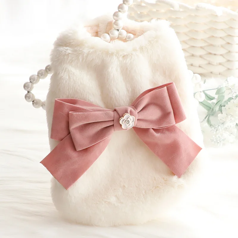 Noble dog clothes autumn and winter clothes cat princess cotton coat rabbit plush bow fragrant wind small dog Teddy pet
