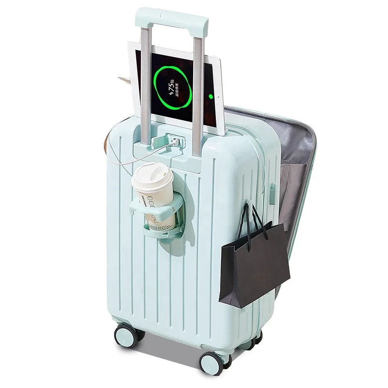 2024 multi-functional fashion luggage with water cup holder usb port front open pocket laptop luggage bags travel cabin suitcase