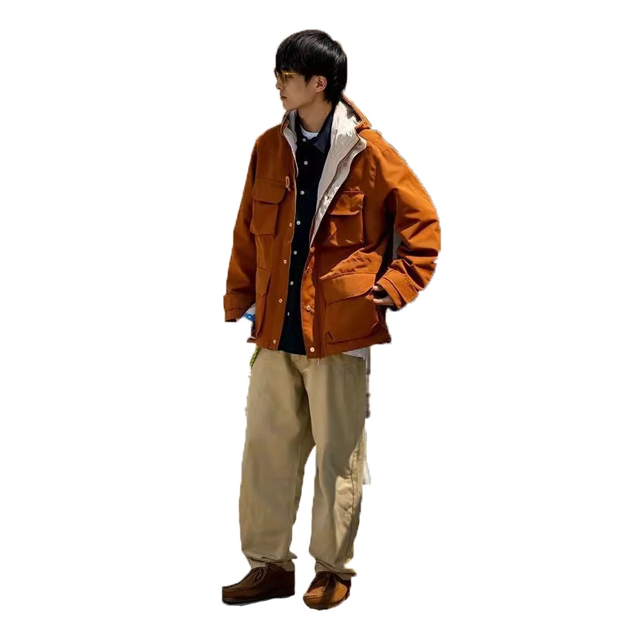 Wholesale Winter Casual Streetwear Loose Drawstring Hem Hooded Windbreaker Multi-Pocket Coat Men Cargo Jacket