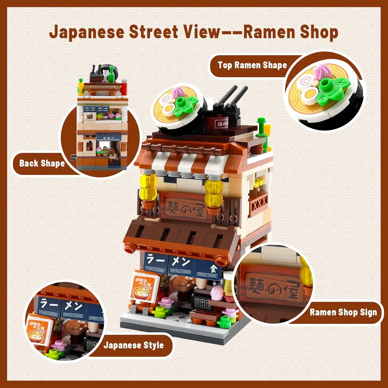 Japanese Mini Store Building Block Kit 412-Piece Plastic Model Toy DIY Ramen House with Street View Game for Kids