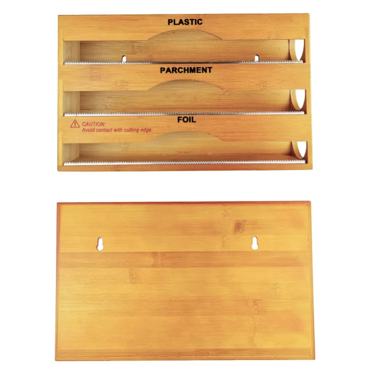 Wrap Dispenser Cutter and Label Plastic Wrap Aluminum Foil and Wax Paper Dispenser Kitchen Drawer Bamboo Roll Organizer