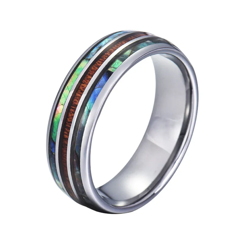 Poya Fashion Jewelry Dome 8mm Tungsten Ring High Polished Abalone Shell Wood Inlay Unisex Wedding Engagement Gift