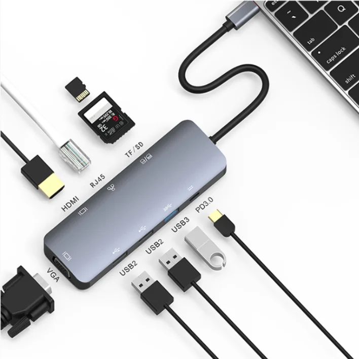
All In One Multimedia VGA OTG Card Reader SD TF Type C 9 In 1 USB C Hub for Macbook Pro and Type C Windows Laptop 