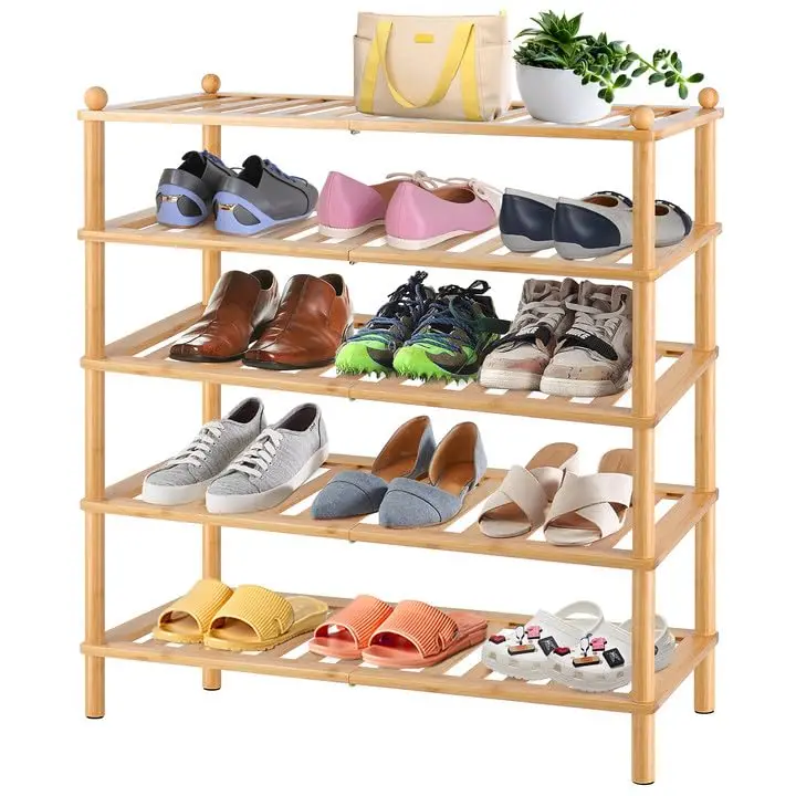 Bamboo Shoes Organizer Free Standing Shelf 5 Tier Shoe Rack Door Entrance Small Space Stackable Multipurpose Wooden Shoe Shelf