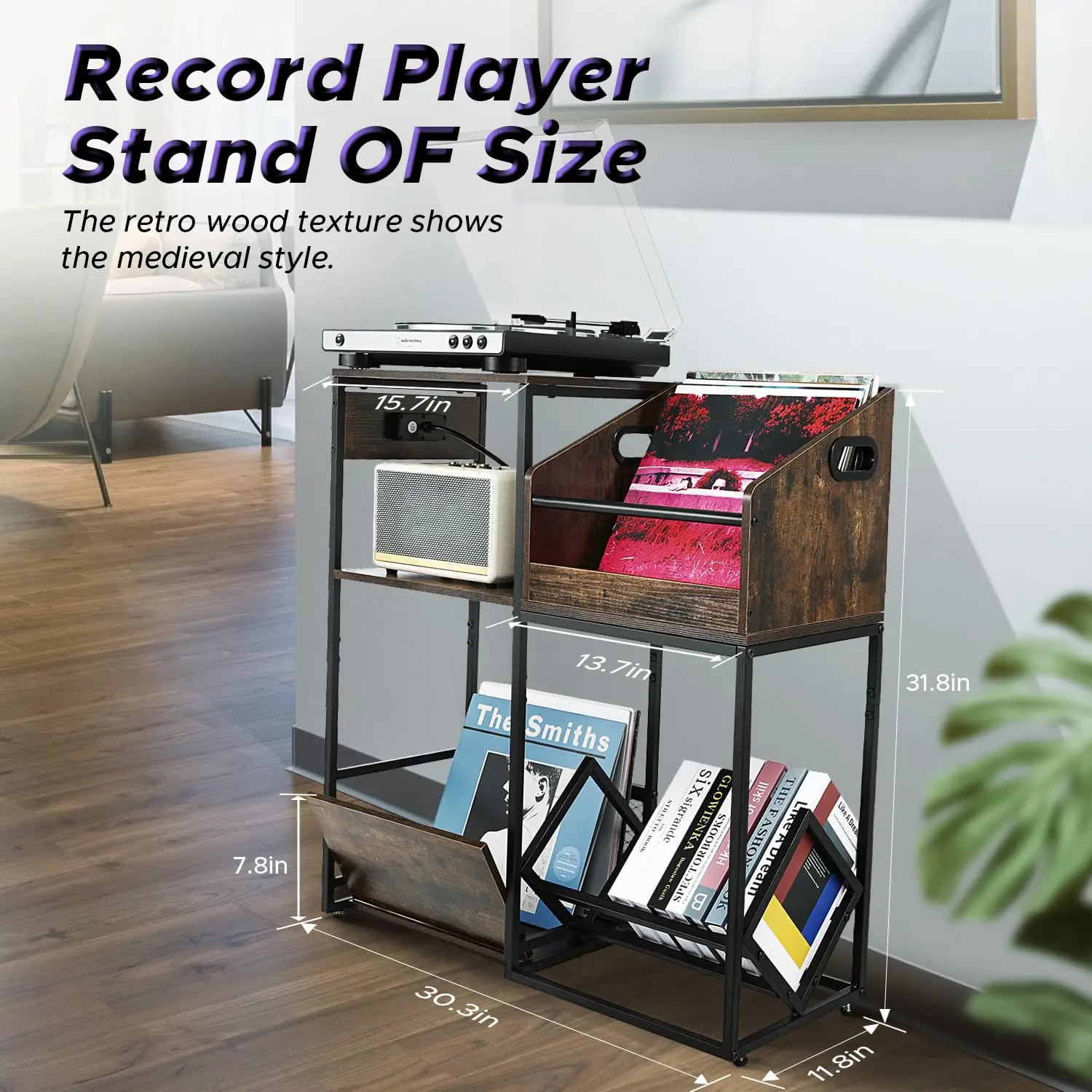 Record Player Stand with Vinyl Storage Shelf End Table with Charging Station Turntable Stand with Removable Record Holder