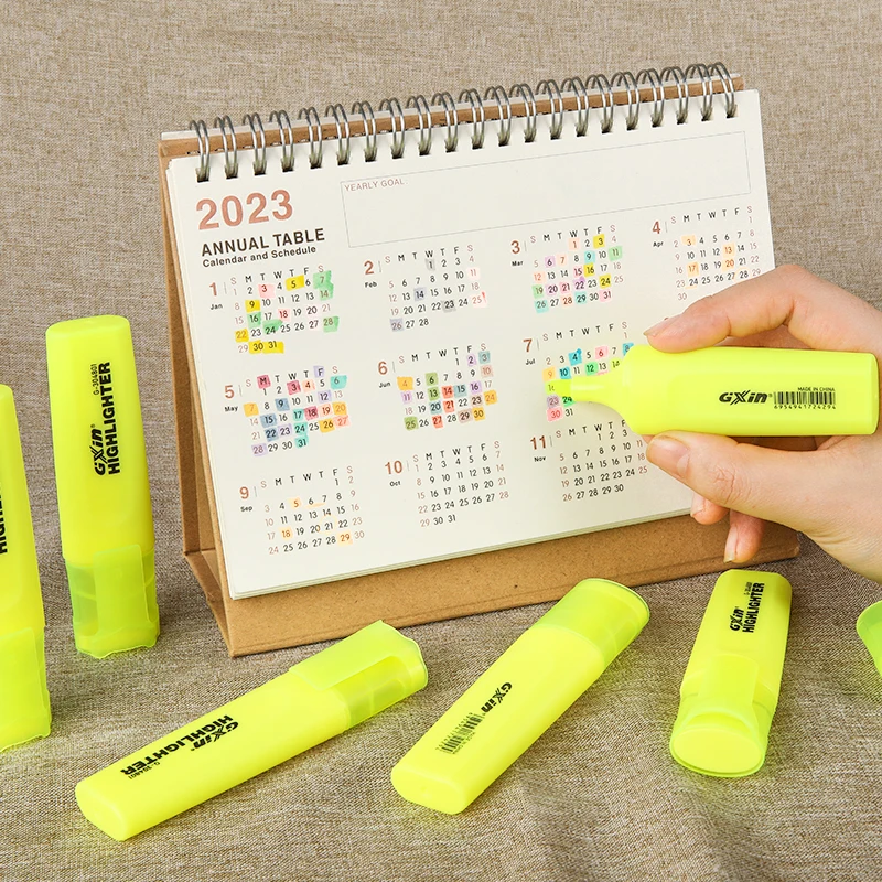 Gxin G-304801 yellow color 12pcs/set highlighters custom fluorescent pen water based school students highlighter marker pen
