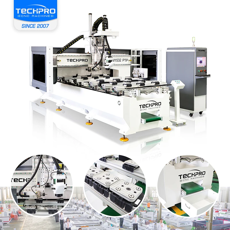 TechPro Double Head 1325 Automatic Tools Changer Machine Horizontal Spindle ATC Cnc Router With PTP Vacuum Table