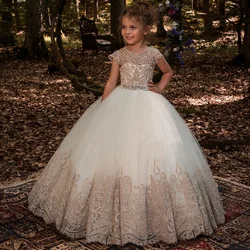 Fashion Hot Sale Photo Kids Clothes White Wedding Party Dresses Little Girls Short Sleeve Lace Ball Gown Chiffon Floral Support