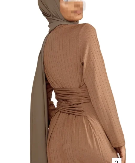 Robe Femme Tie Waist Maxi Dress With Belt Islamic Muslim Clothing Soft Smooth Modern Long Sleeve Dress Muslim Girl For Outd